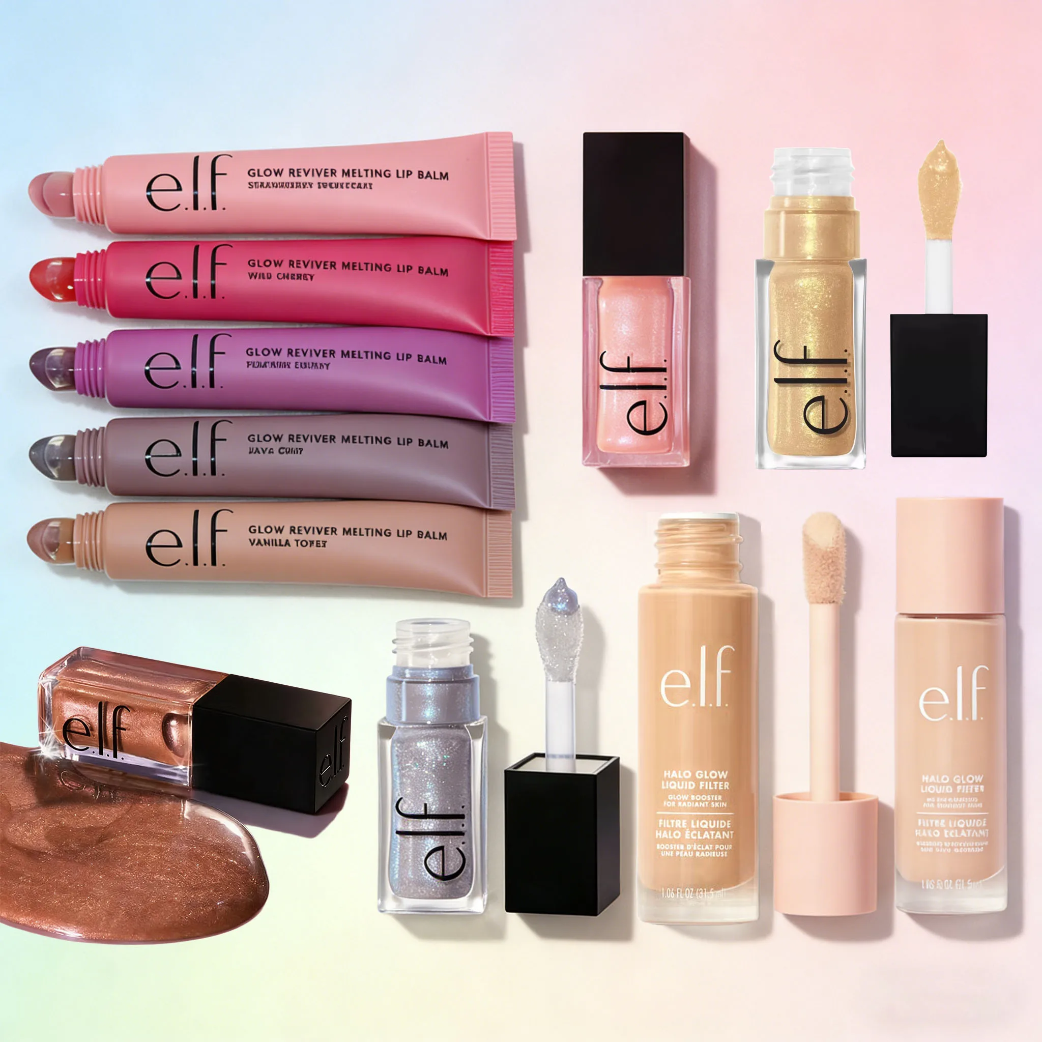 Maquillaje ELF Fashion Cosmetics, Base Líquida, Corrector y Brillo Labial Iluminador con Luces Intermitentes, Brillo Labial con Acabado Brillante