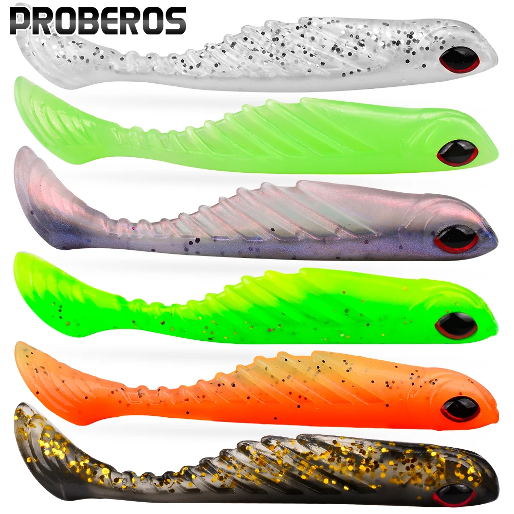 PROBEROS Soft Plastic T-tail Fish Shaped Lure 12PCS/Bag 3D Simulation Fish Eye Ribbed Swimming Bait Barracuda Bass Fishing Bait