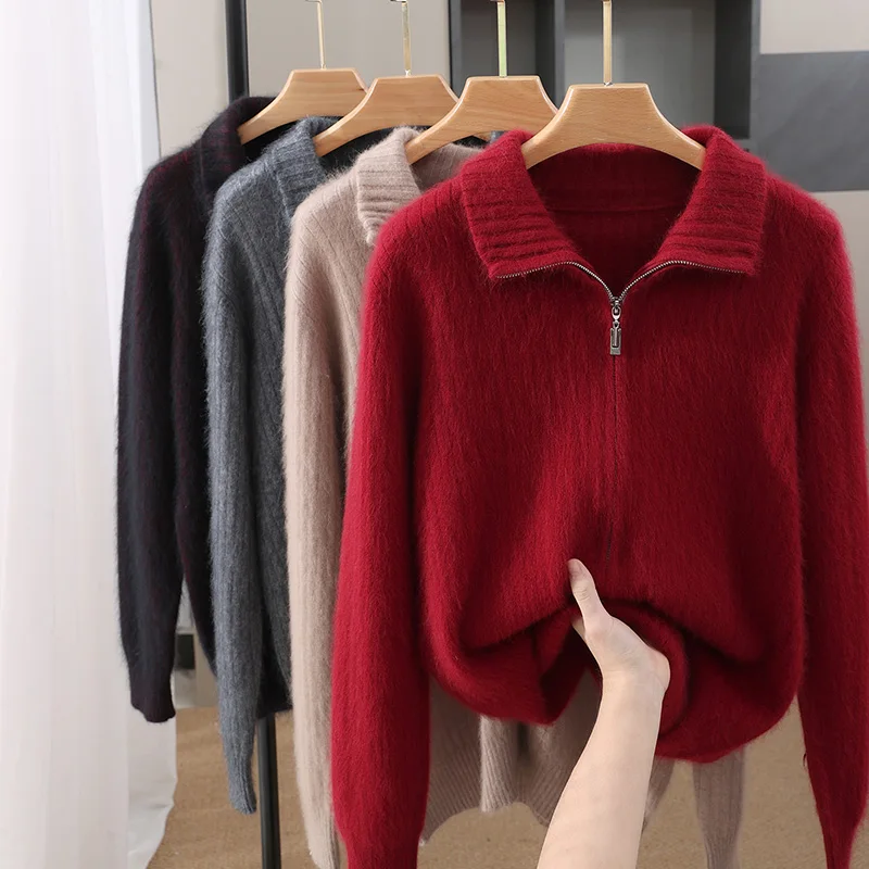 

Autumn And Winter High-Necked Pure Mink Wool Sweater Men's Loose Zipper Cashmere Cardigan Knitted Coat Jacket