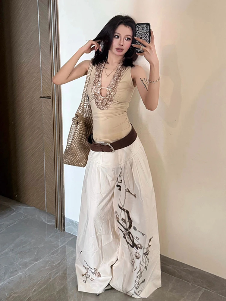 غريب سنور بريق تانك القمم المرأة Y2K الترتر Ruched العميق الخامس الرقبة نحيل مطاطا شيك الأساسية الكلاسيكية الصيف الاتجاه الشارع سترة