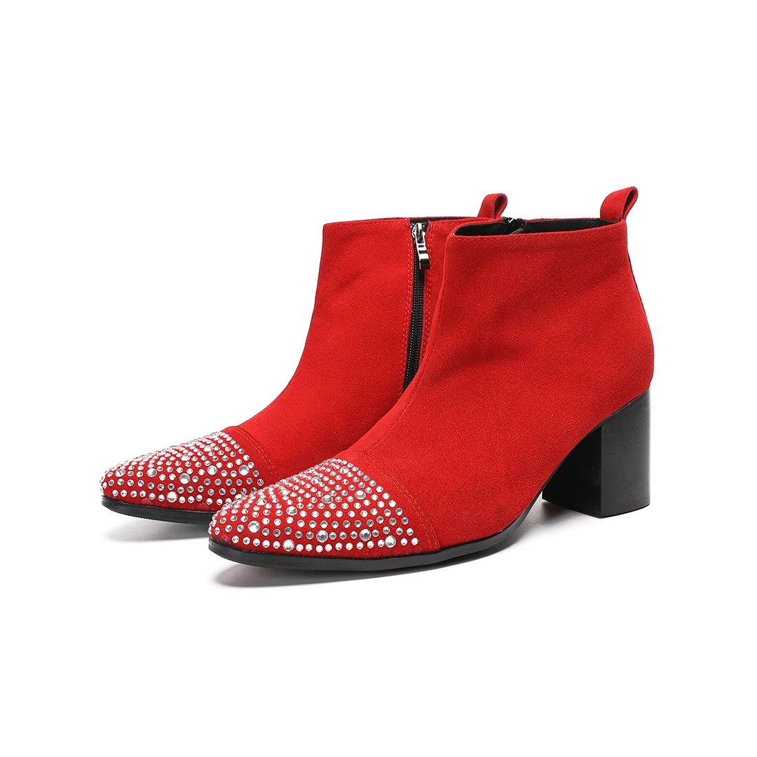 Men Red Suede Ankle Boots Rhinestone Zipper pointed Toe Block Heel Party Boots male Sparkly Crystal stage short boots plus size