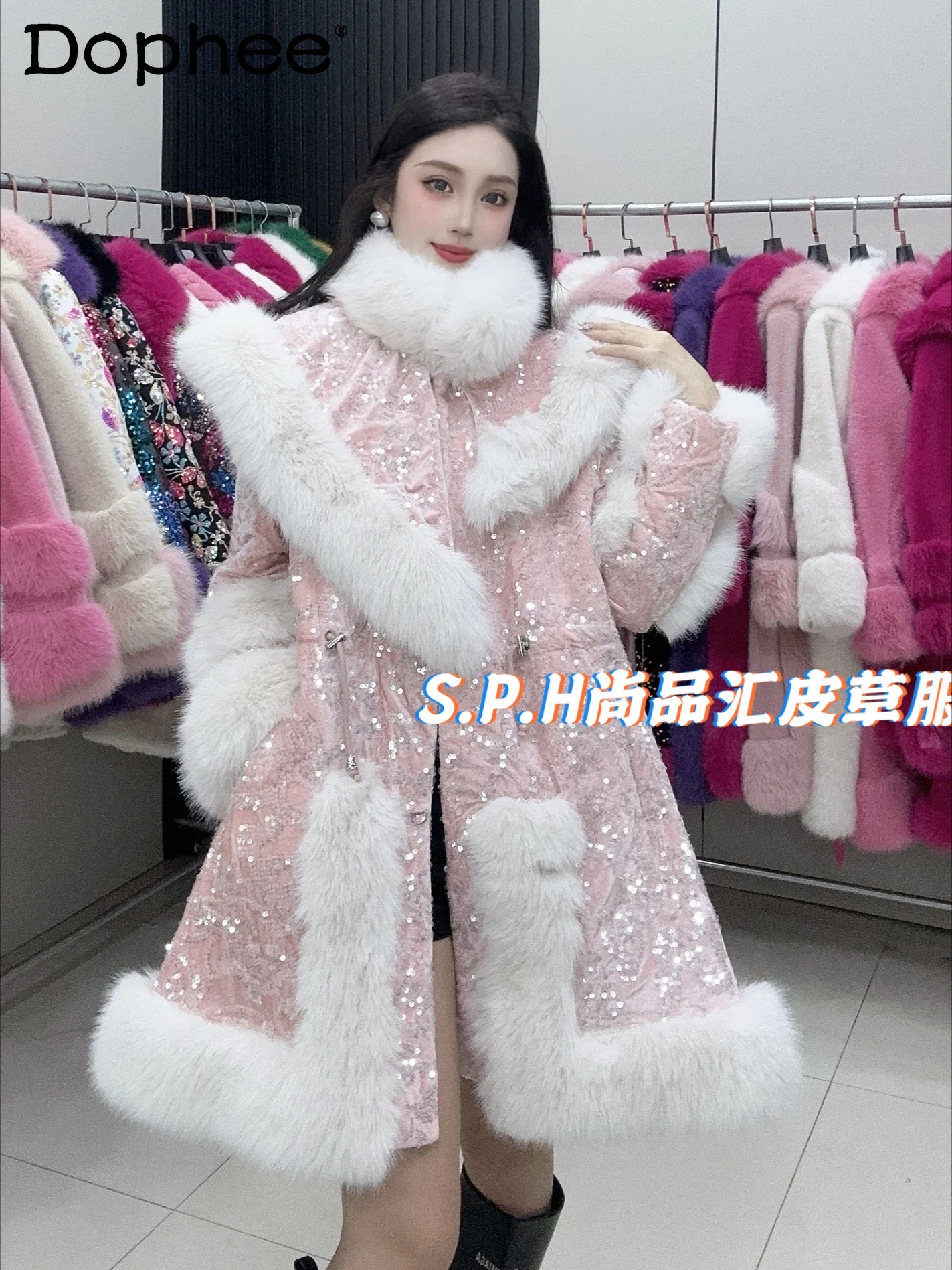 2024 Winter Warm Luxury Sequined Mid Length Faux Fur Coat Women Temperament Elegant Cape Fashion Zipper Jacket Sweet Pink Jacket