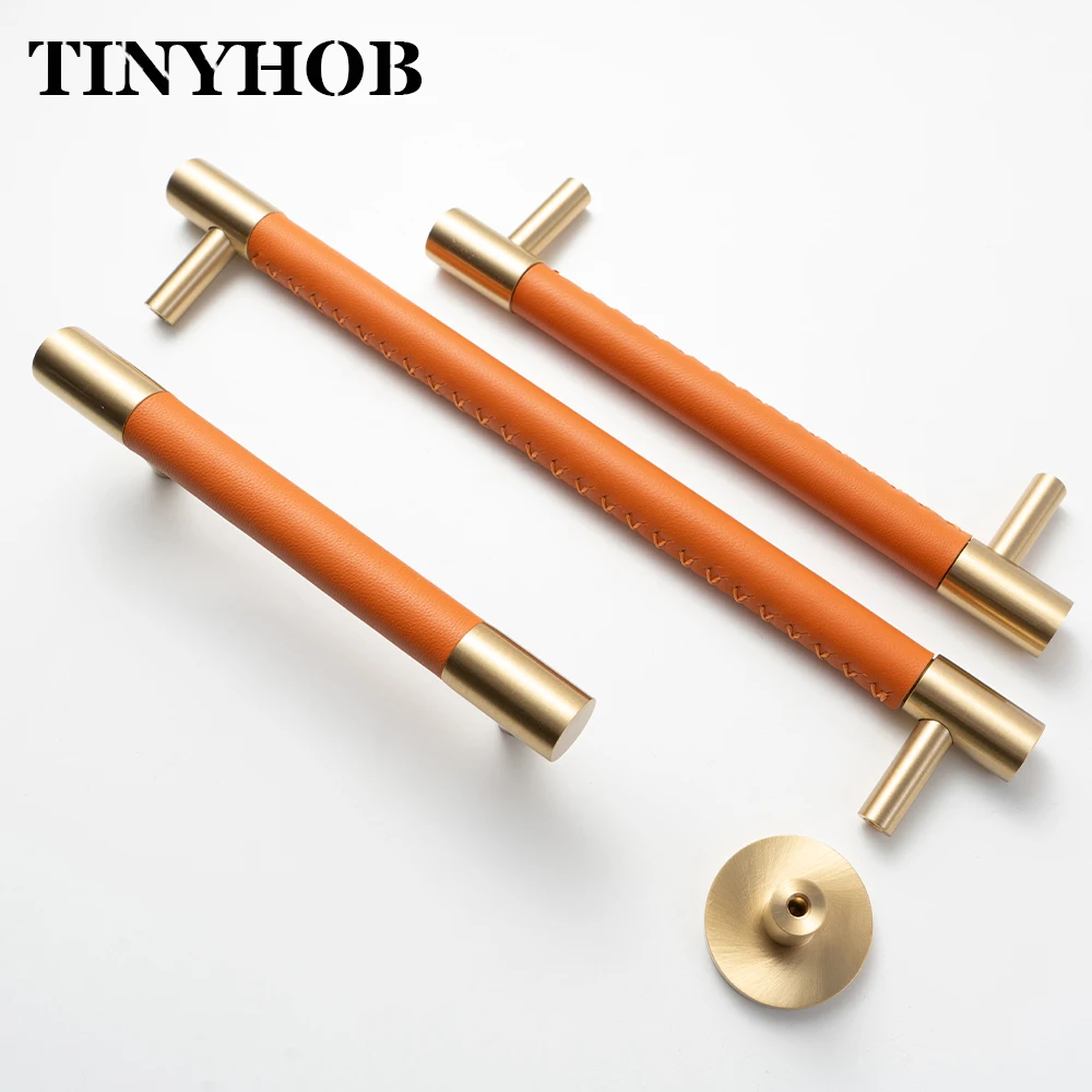 Tinyhob Leather Brass Cabinet Handles Modern Drawer Pulls Kitchen Cupboard Wardrobe Door Furniture Hardware Hole 192mm Orange