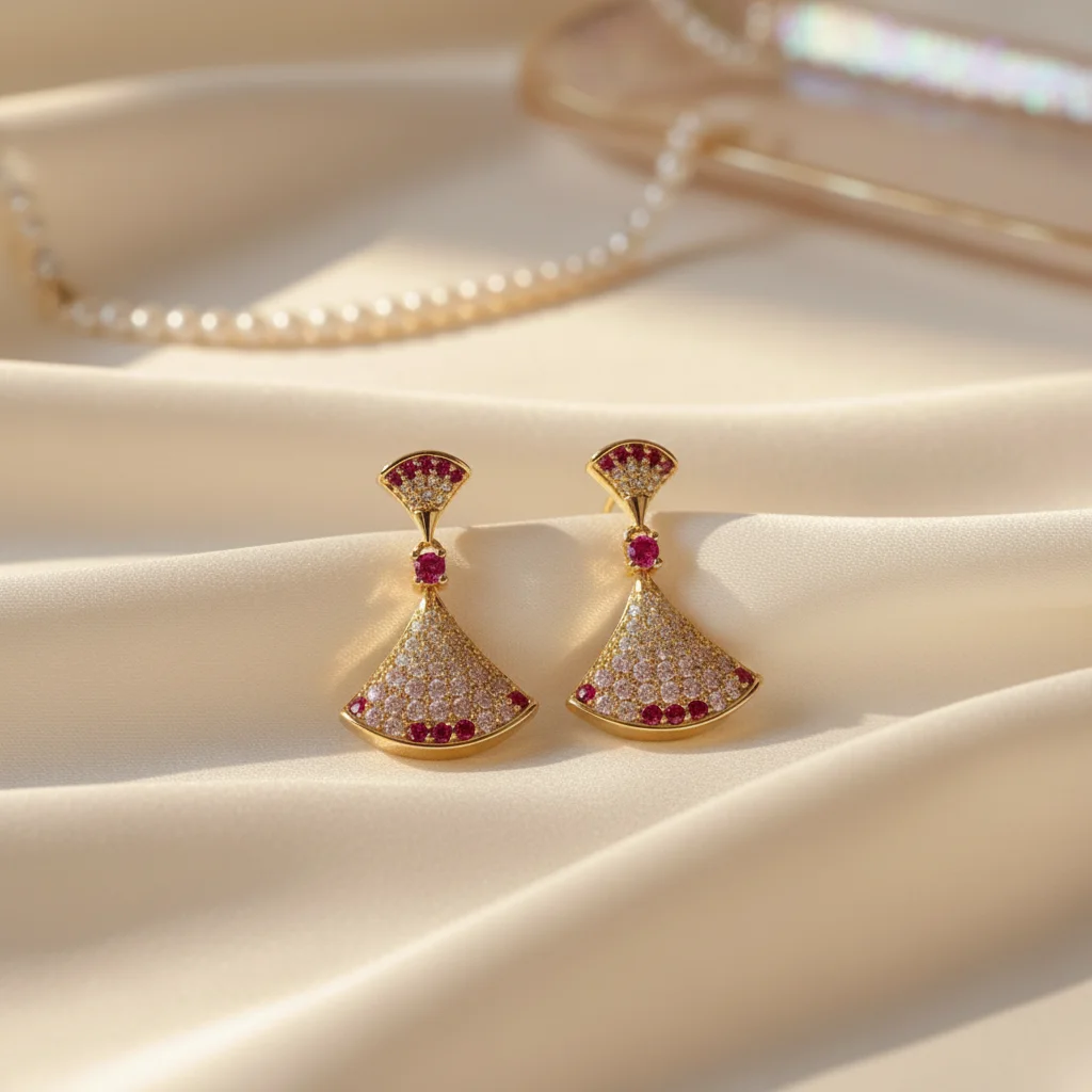 

Luxury Designer Pink Sapphire Dress Eardrop Dangle Full Gemstone Fan Shape Gold Tassel Stud Earrings Women Party Wedding Jewelry