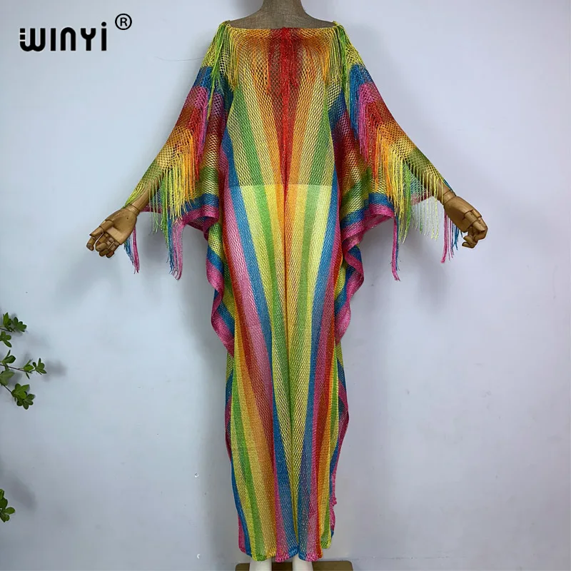 WINYI Golden silk rainbow printing summer perspective sexy tassels long dress Elegant Women Beachwear Swimsuit Cover Up dress