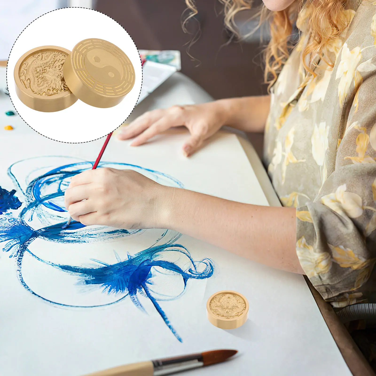 

2Pcs Golden Brass Paperweight Heavy Metal Round Block for Chinese Calligraphy Art Drawing Writing Desk Office Cultural Gift