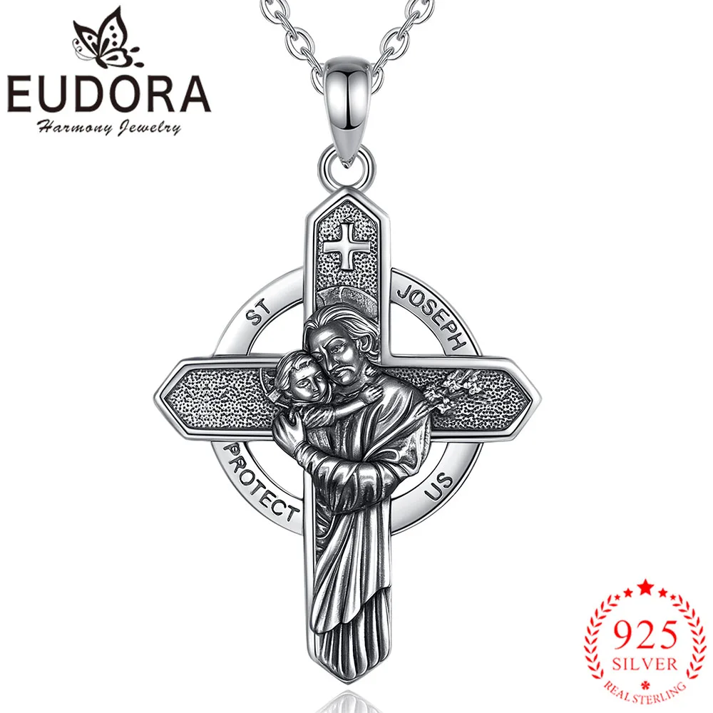 Eudora 925 Sterling Silver Saint Joseph Necklace for Men Woman Catholic Amulet Cross Pendant Religious Jewelry Festival Gift  
