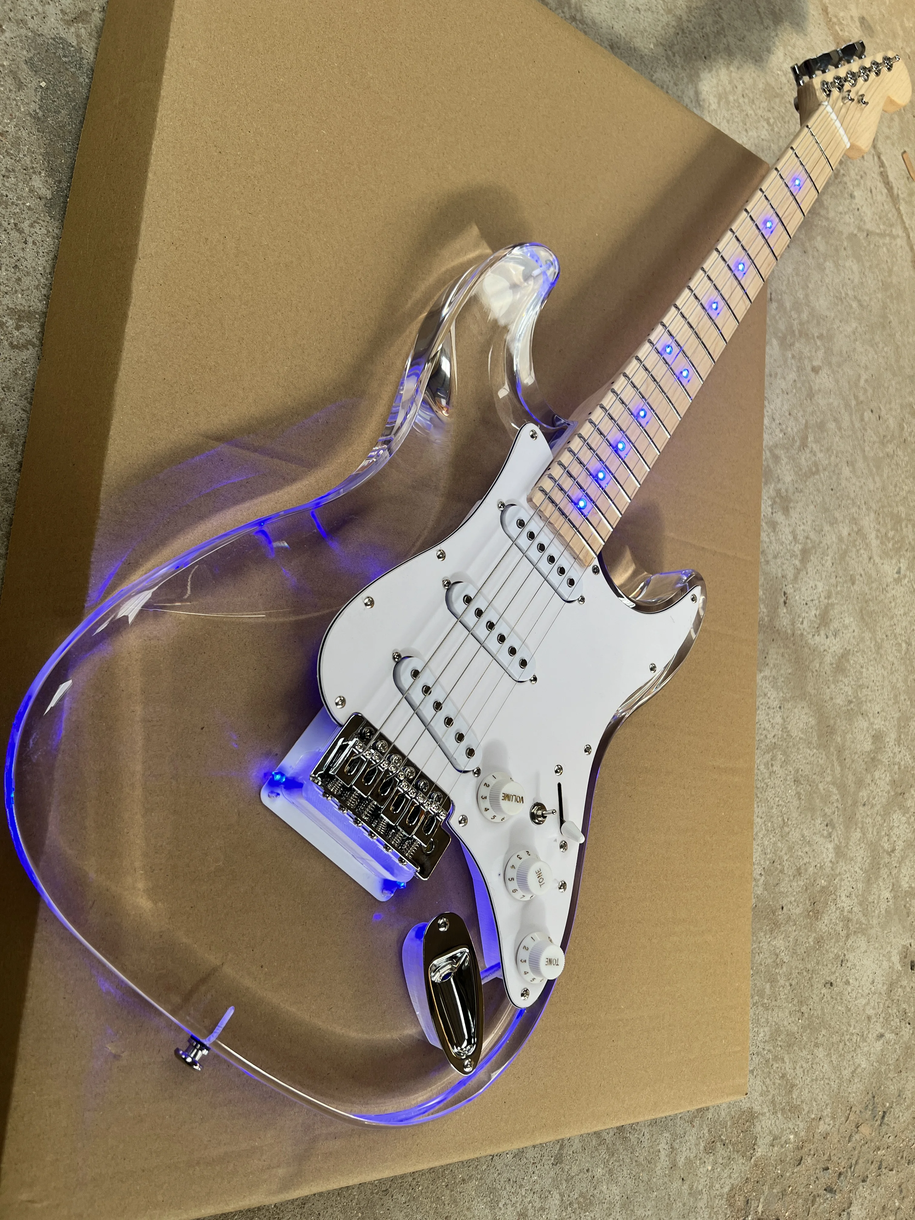 Acrylic clear crystal Plexiglas 6-string electric guitar Blue LED lights Maple guitar neck Free shipping