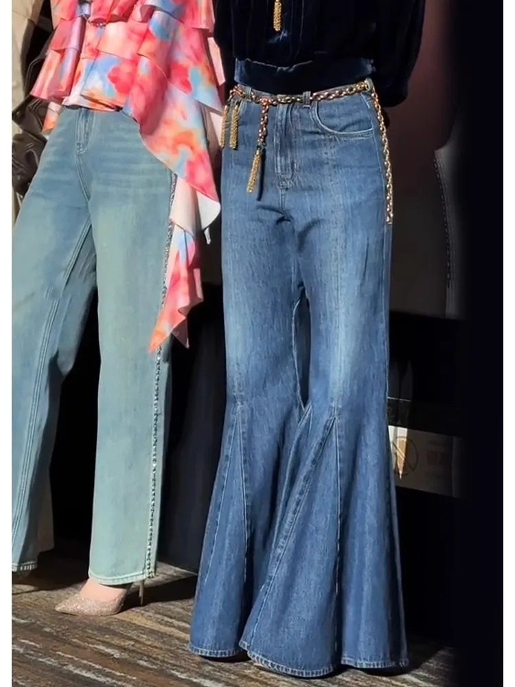 

Джинсы женские ретро-синие, расклешенные, с эффектом утягивания, весна 2025, с завышенной талией, приталенные, с эффектом утягивания, модель «кнут»