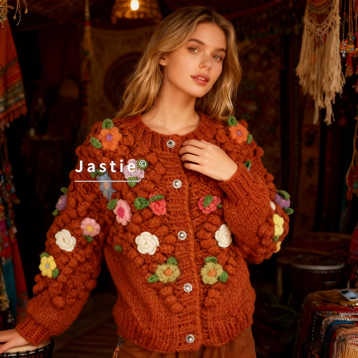 

Sweet Cardigan Sweater Women Autumn/winter Style Bohemian Floral Round Neck Long Sleeves Single-breasted Loose Knit Cardigan