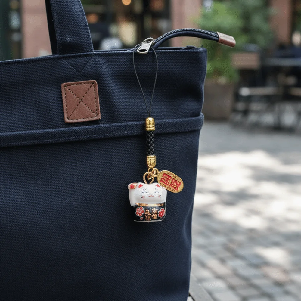Chinese Style Ceramic Lucky Cat Phone Charms Fortune Metal Fortune Cat Key Chain Trinket Cartoon Maneki Neko Phone Chain
