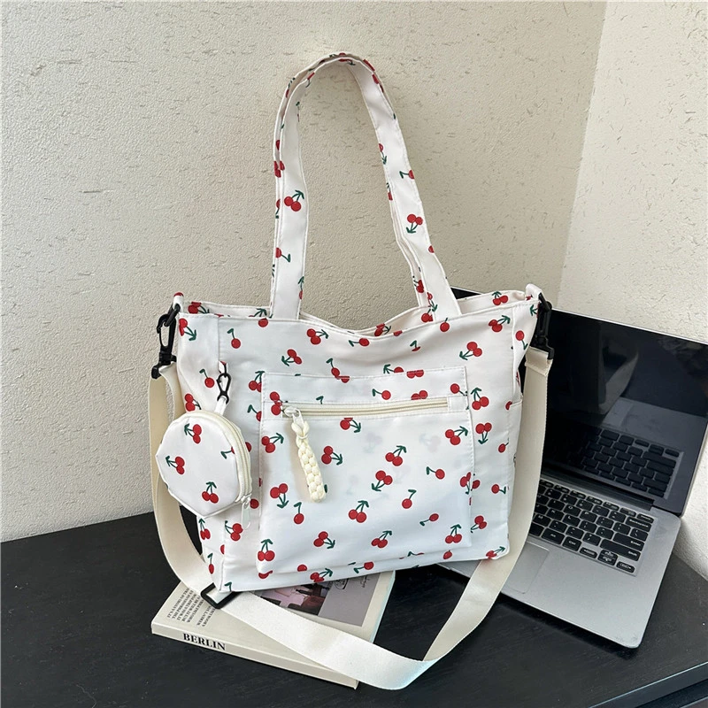 Women Cherry Print Tote Bag Large Capacity Nylon Shoulder Bag Casual Crossbody Handbag with Small Coin Purse