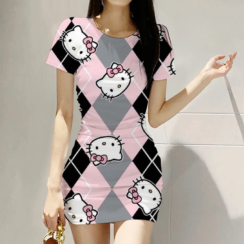 Women Dress Summer Fashion Sexy O-Neck Wrapped Hip Hello Kitty Print Women's Dress Printed Tight Sleeveless Short Dress