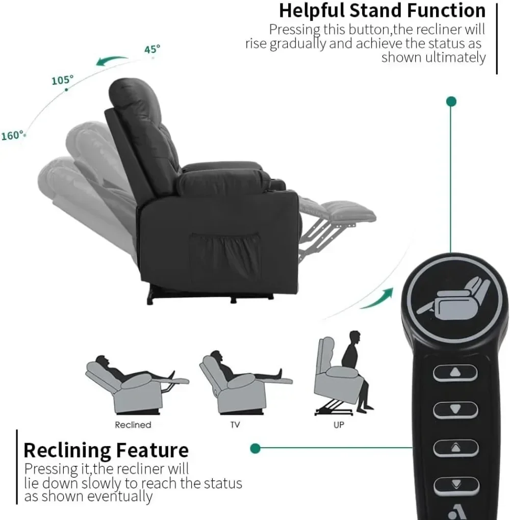 Silla reclinable de elevación eléctrica con masaje y calefacción para ancianos y personas mayores, sofá reclinable eléctrico para sala de estar con lateral