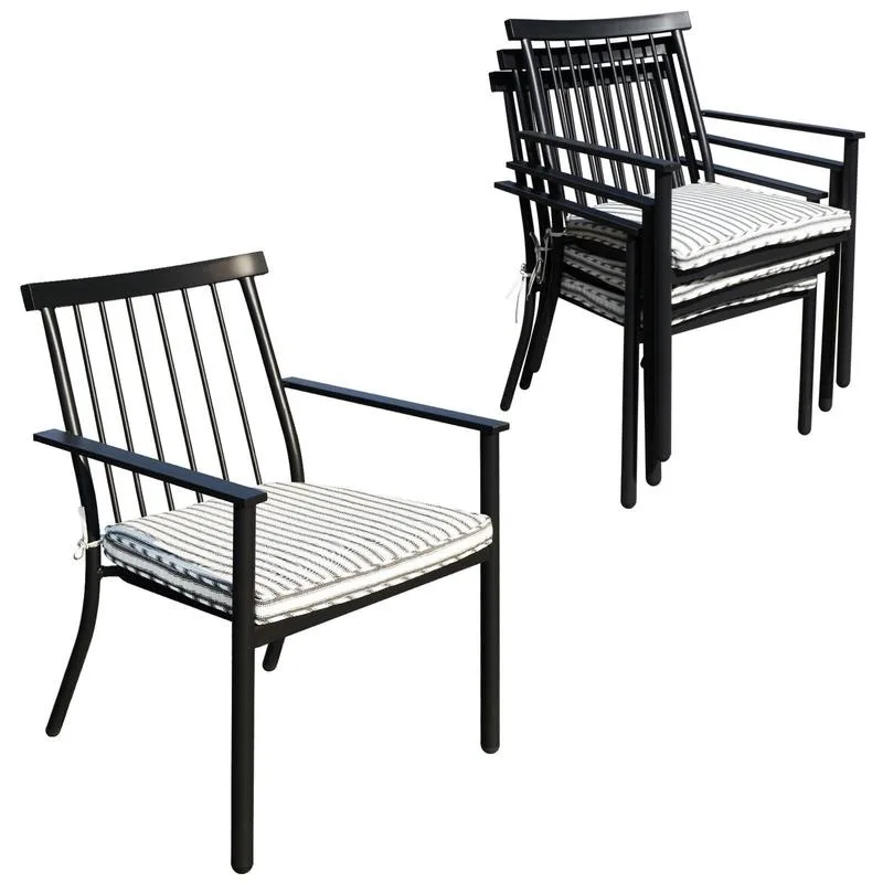 Set of 4 Outdoor Patio Chairs, Integrated Stackable Wrought Iron Furniture Dining Chairs with Arms and Cushions, Indoor Outdoor Chairs for Porch, Yard, Lawn, Garden - Black