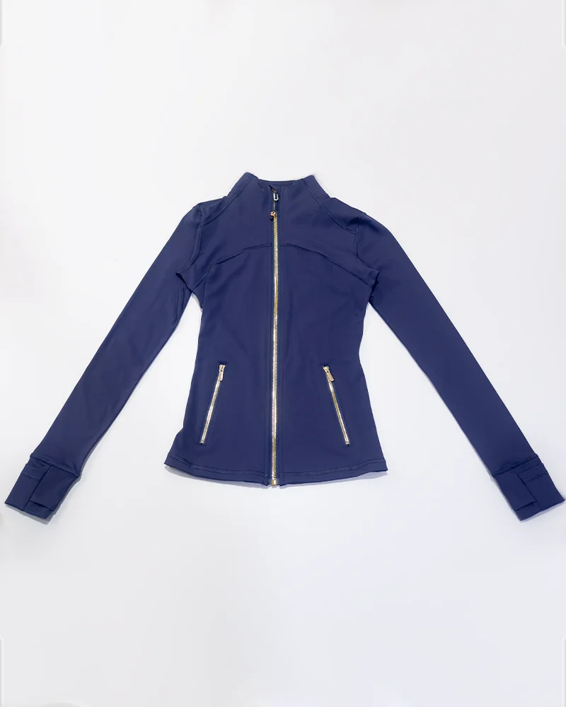 Neue Damen Slim Fit Sportjacke mit Goldreißverschluss, atmungsaktiv, schnelltrocknend, Stehkragen-Stil, Daumenloch-Design, Sportjacke – Detail 10