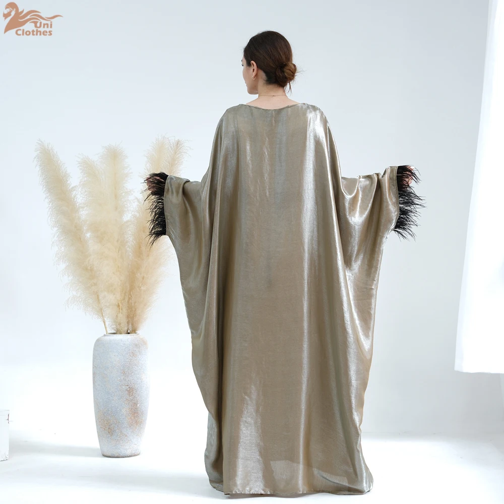 Uni Dubai Luxury Abaya For Moroccan Lebsa Women Party Saudi Turkish Clothing Fashion Solid Feathers Batwing Sleeve Muslim Gown