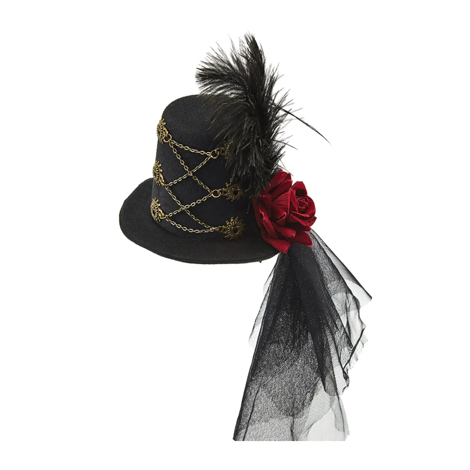 Steampunk Mini Top Hat Hairpin with Red Rose Gothic for Women Dress up Headwear