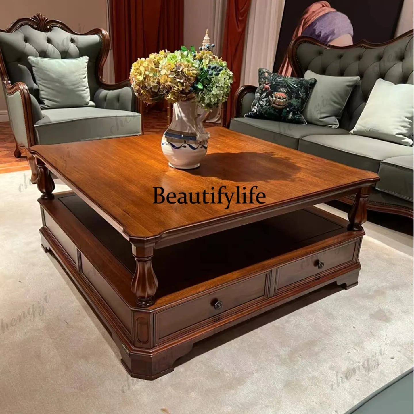 American rural solid wood coffee table living room small apartment retro old coffee table villa living room square tea table