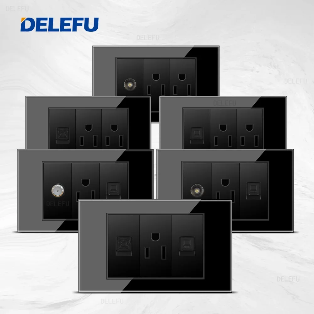 DELEFU-Interruptor De Tomada De Vidro, Painel Preto, American Standard Series, Interruptor Combinado De Computador De Parede, 118x74mm