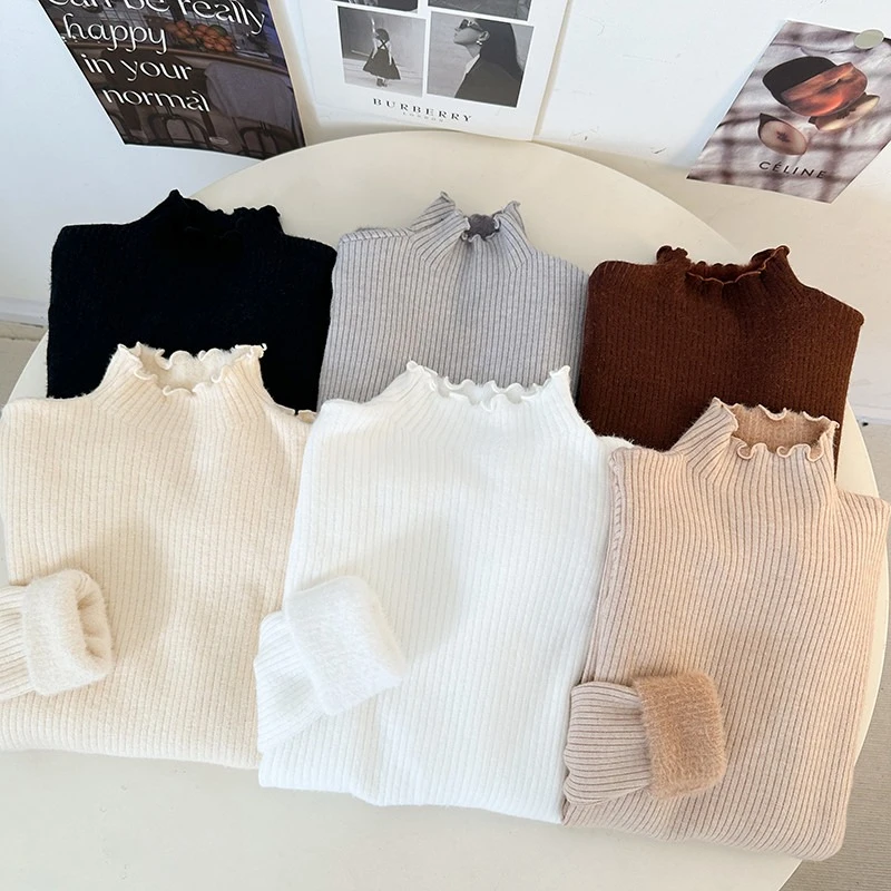 

Female Solid Ruched Knitted Pullover 2025 Women Winter Turtleneck Sweater Ladies Long Sleeve Fleece-lined Thick Warm Jumpers