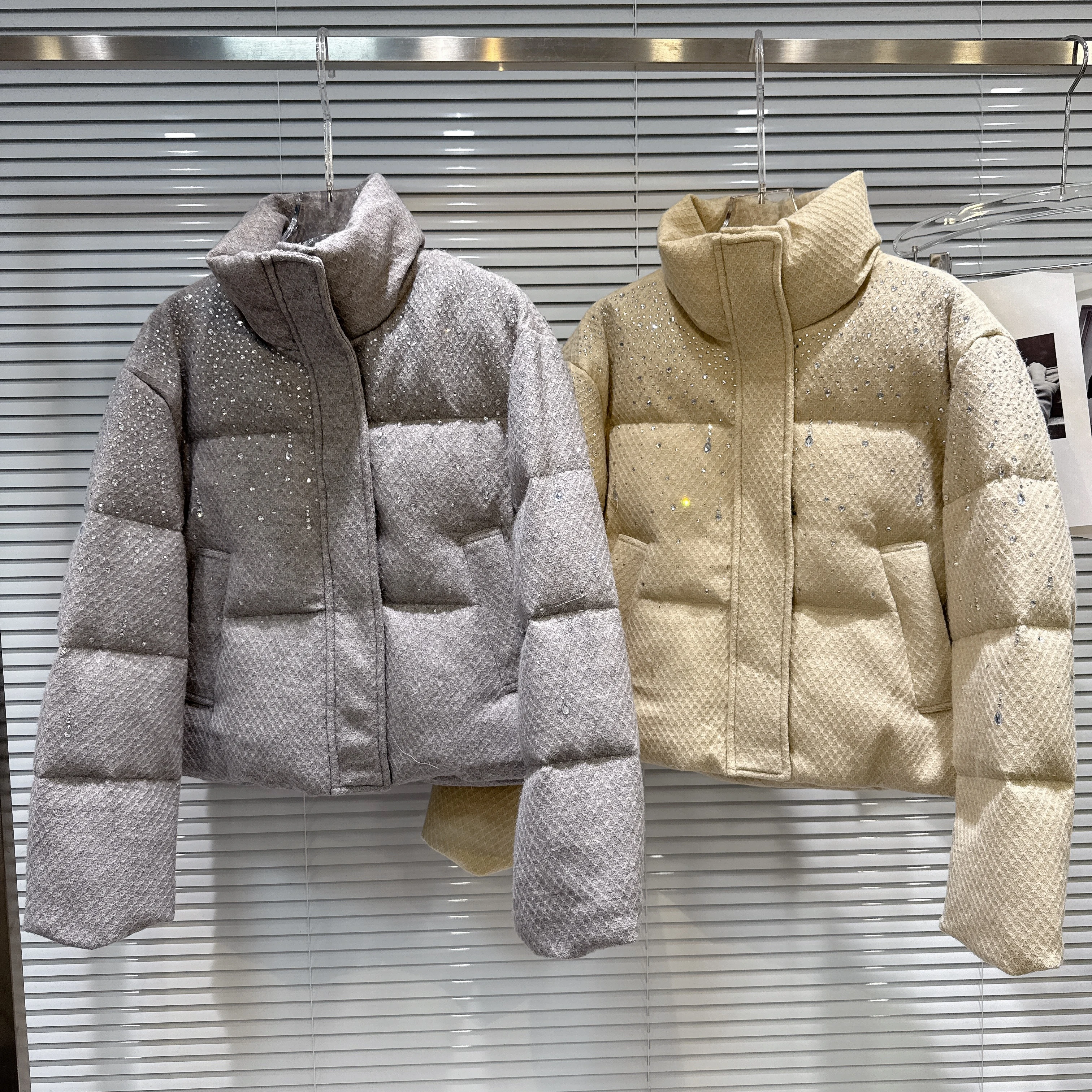 

2025 Winter New Luxury Socialite Shoulder Starry Sky Rhinestone Stand Collar Cotton Jacket, Cotton Coat Outerwear