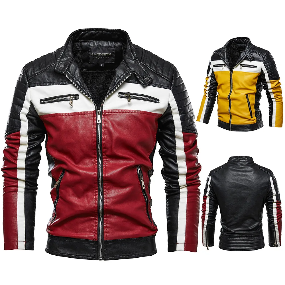 Motorcycle Riding Fleece Leather Jacket Men's Locomotive Clothing Color Matching Large Size New Autumn and Winter Leather Jacket