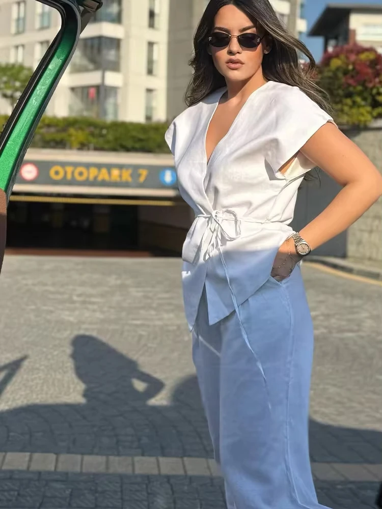 

été femmes pantalons costumes Double revers à lacets débardeurs + avec poche zippée plissé solide pantalon ample ensembles décon