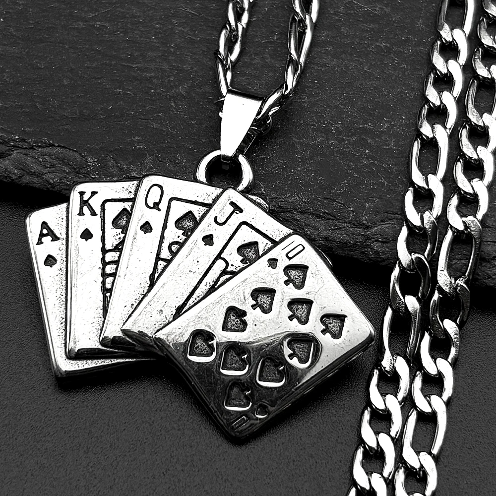 Poker King Spades Hearts Pendant Necklace for Men Women Stainless Steel Silver Color Playing Cards Hip Hop Chain Jewelry Gift