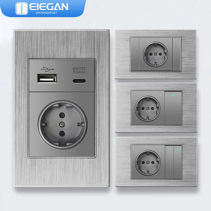 ELEGAN Italy EU Chile Wall Power Socket Switch Fast Charging Type-c 5V 2100mA TV TEL Power Socket Grey Aluminium Brushed Panel