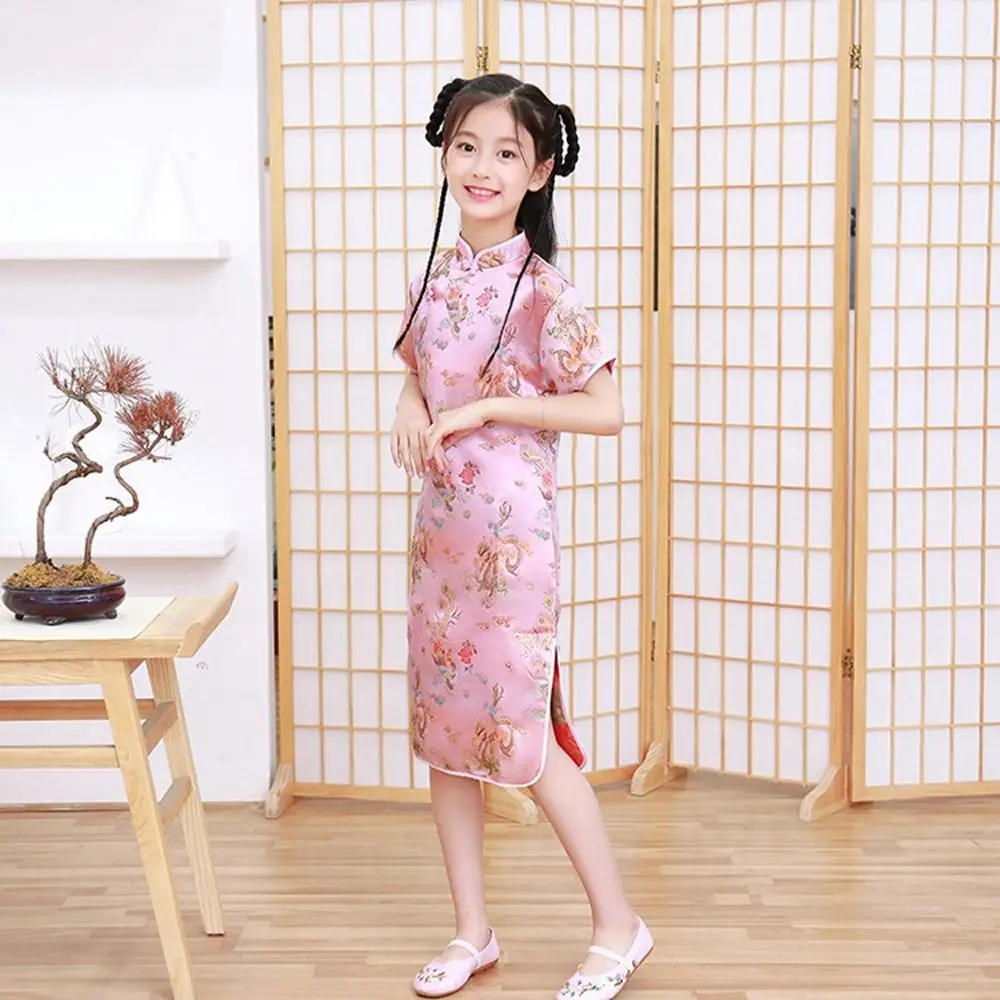 Phoenix Pattern Comfortable Summer Girl Gift Chinese Style Dress Girls Cheongsam Girls Skirt  Traditional Dress Qipao