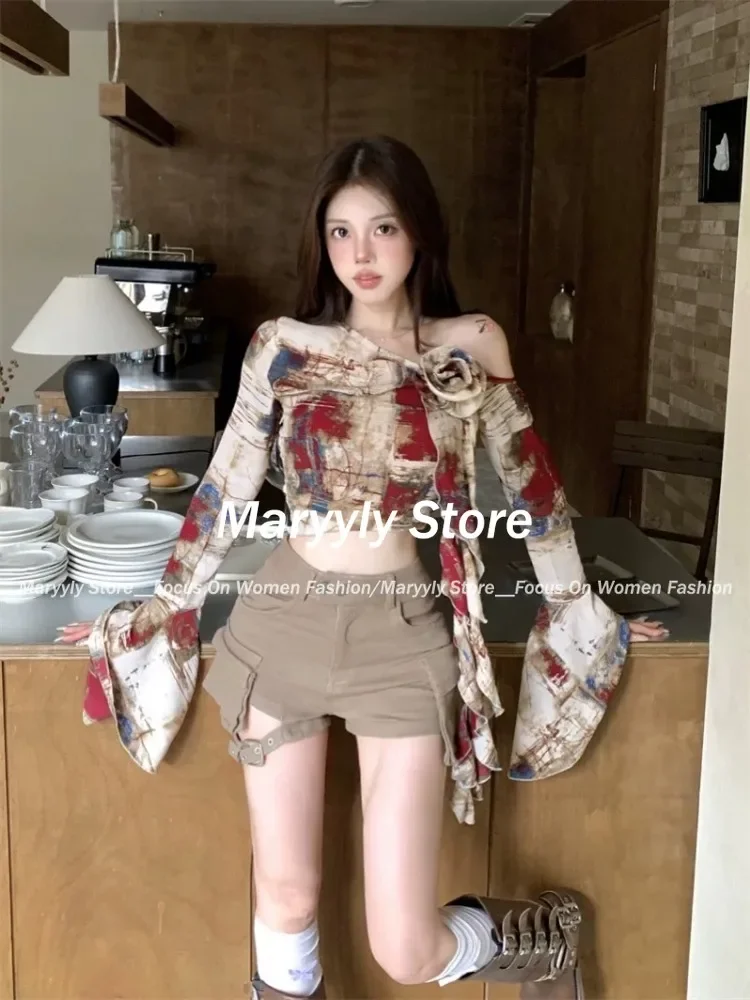 Autumn Vintage Aesthetic Outfits 2 Piece Set Women American Retro Design Y2k Print Tops + Hot Girls High Waist Shorts 2024 New