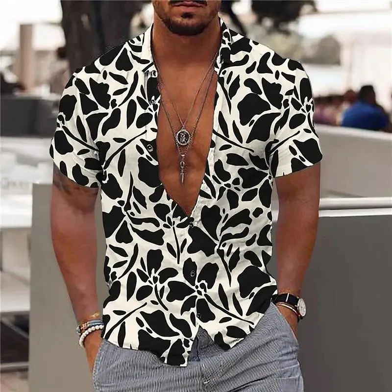 New Summer Men's Hawaiian Shirts Maple Leaf Print V-neck Shirts for Men Button-up Short Sleeve Tops Streetwear Trend Men Clothes