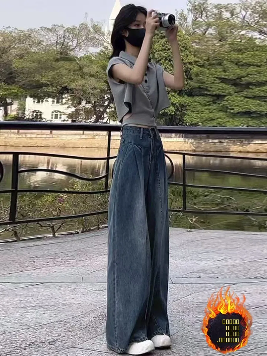 

Джинсы женские зимние, больших размеров, с подкладкой, свободные, с высокой талией, прямые, широкие штанины, повседневные, синие