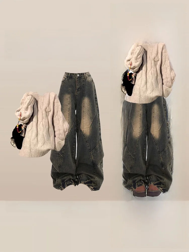 

Retro Autumn Winter Heavy Work Sweater Loose Long Sleeve Top And Wide Leg Jeans Two Piece Set Women Casual Style Fashion Set