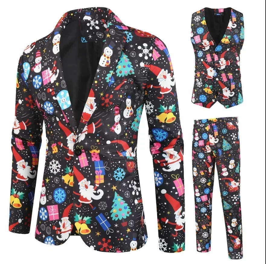 New Men's Casual Three Piece Sets  Christmas Printing Blazers Jackets+Vest+Pants Party Banquet Wear Men's Flower Suits Sets