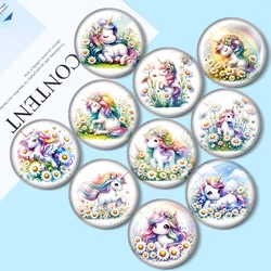 Unicorn and Daisy Flower 10pcsColoured drawing12mm/16mm/18mm/25mm Round Photo Glass Cabochon Demo Flat Back Making findings
