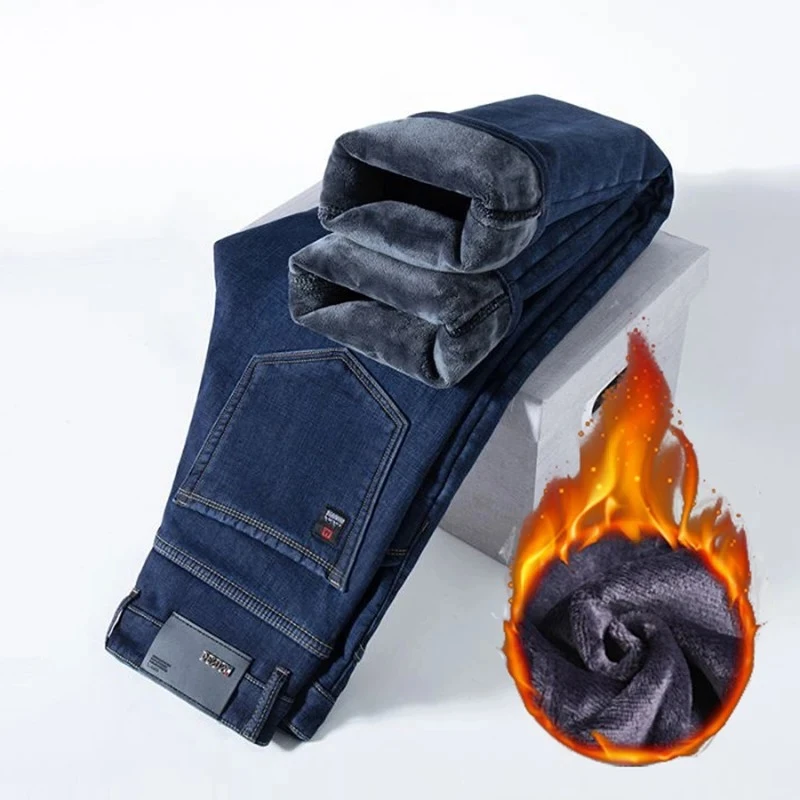 

Male Fashion High-Waisted Denim Pants Men Autumn Warm Winter Fleece Lined Thickened Jeans Loose Straight Smart Casual Trousers