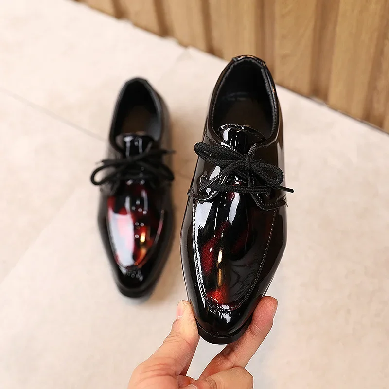 Children Patent Leather Shoes Fashion Pointed Toe Lace Up Boy Shoes Black Casual Dress Flats Comfortable Soft Sole Kids Shoes