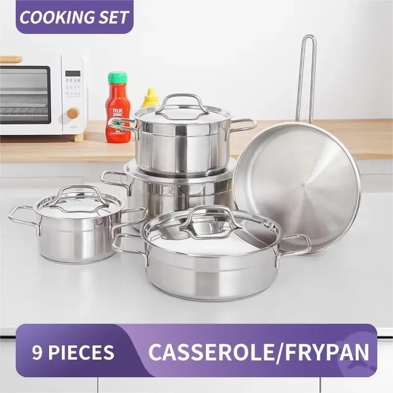 9-Piece 201 Stainless Steel Cookware Set with Clad Base, Turkish Style Kitchenware