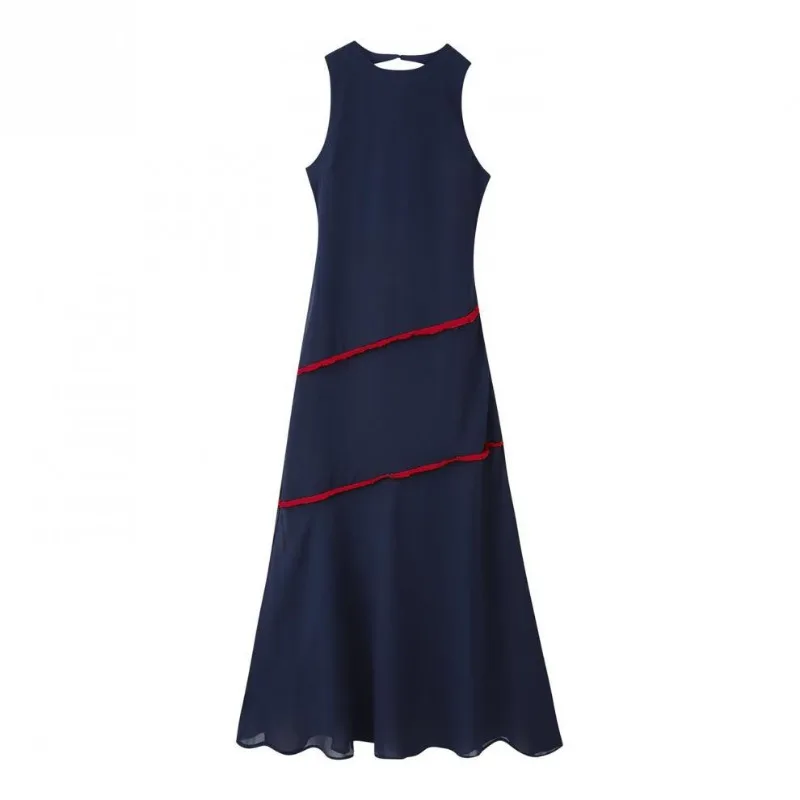 Chic Sleeveless Patchwork Contrasting Tassel Decoration Maxi Dress Backless Chiffon Hem A Line Dresses Evening Party Minimalist