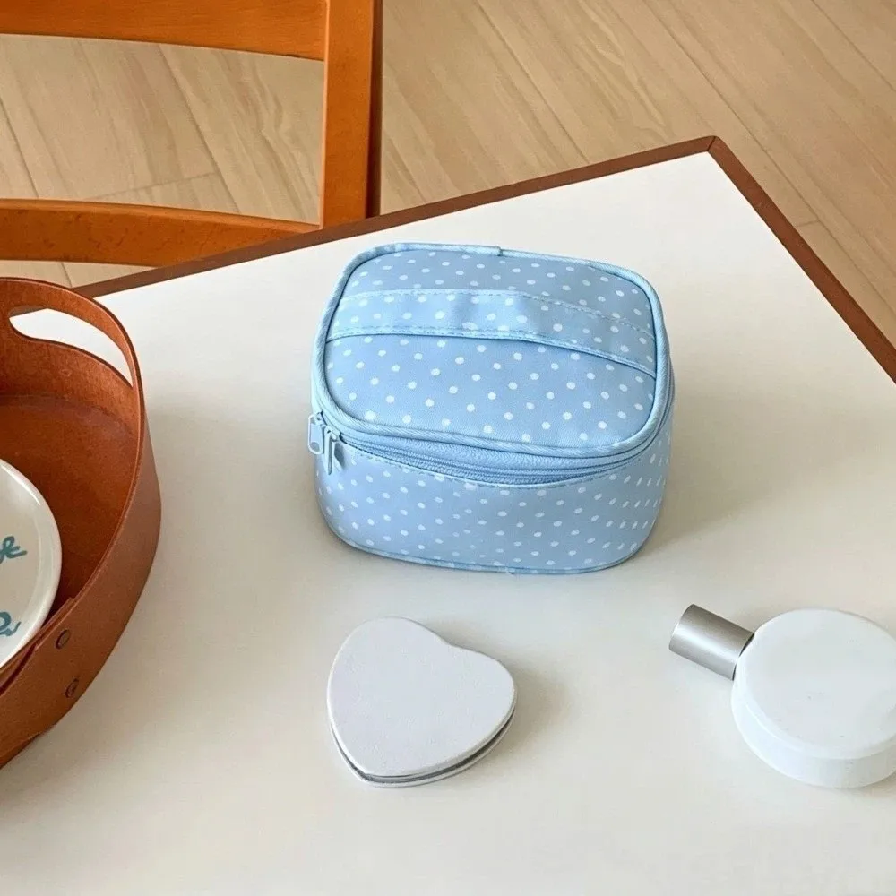 Cute Polyester Polka Dot Makeup Bag Light Blue Checkered Cosmetic Pouch Zipper Multi Size Wash Bag Handheld