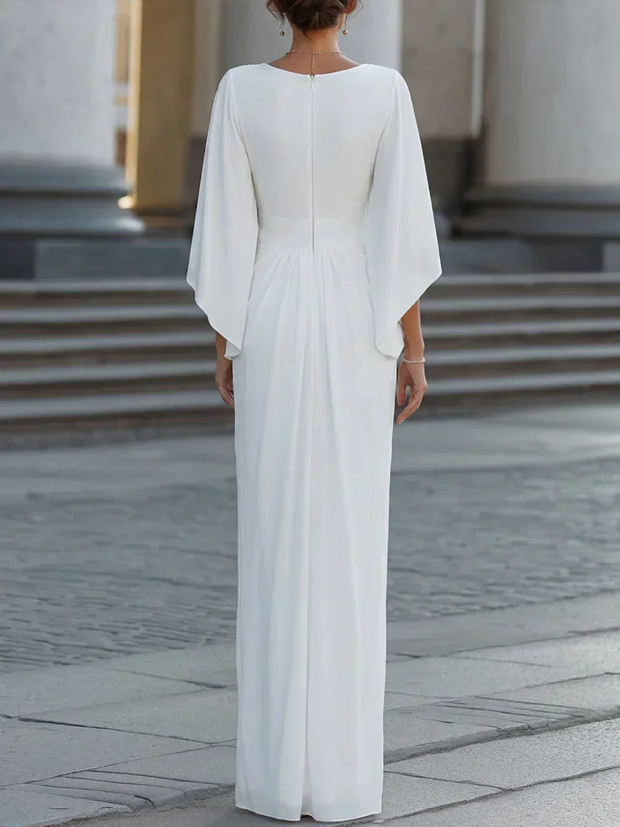 Damen-Maxikleid mit tiefem V-Ausschnitt und Cape-Ärmeln, plissierter Taille, elegantes Abendkleid für formelle Anlässe. – Detail 4