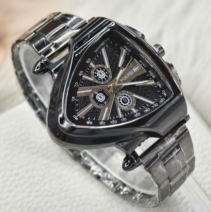 New Fashion Luxury Man Triangular Hollow Leather Fake Mechanical Watch Men Business Sports Stainless Steel Quartz Watches Gifts