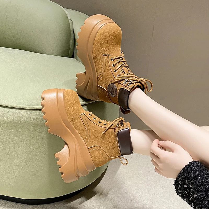 

Women New Autumn Winter Leather Ankle Boots 9CM Chunky Heels Motorcycle Boots Woman Thick Bottom High Platform Short Booties