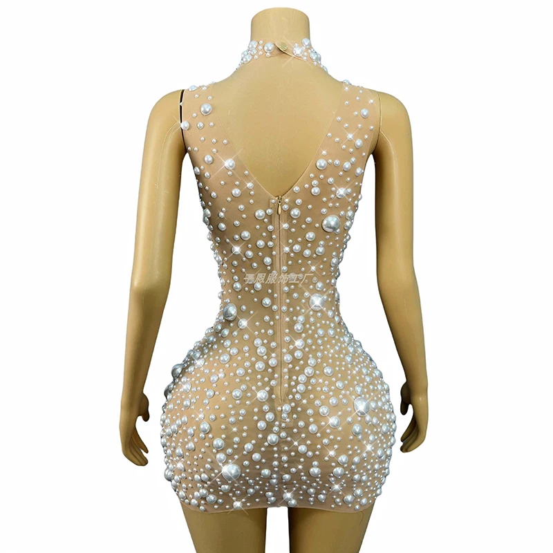 女性ステージ衣装エレガントなパールショートドレス誕生日パーティー衣装モデルショーパフォーマンス衣装セクシーなフェスティバル服 3709