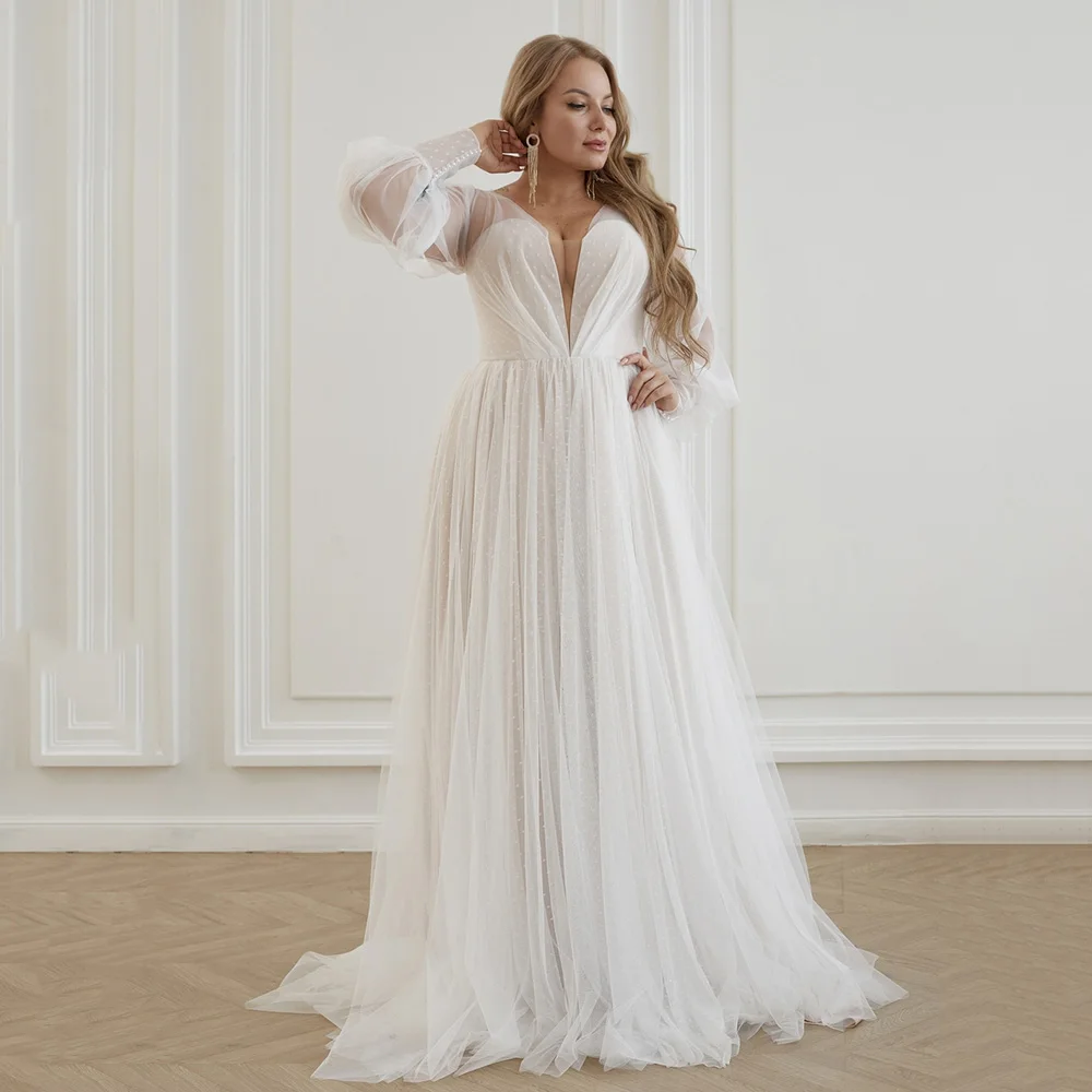 Sexy Deep V-neck Plus Size Wedding Gowns Long Sleeves Dotted Boho Bridal Gown Beach Bride Dress Customized Robe de Mariee