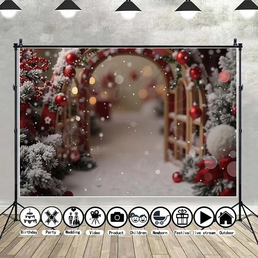 

MOON.QG Christmas Winter Photography Background Arch Snowy Candles Ornaments Backdrop Accessories Baby Studio Accessories Poster