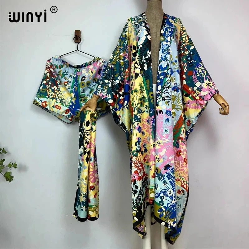 WINYI-Conjunto de dos piezas con estampado bohemio para mujer, vestido largo hasta el suelo de manga larga, kimono de vacaciones, novedad de verano