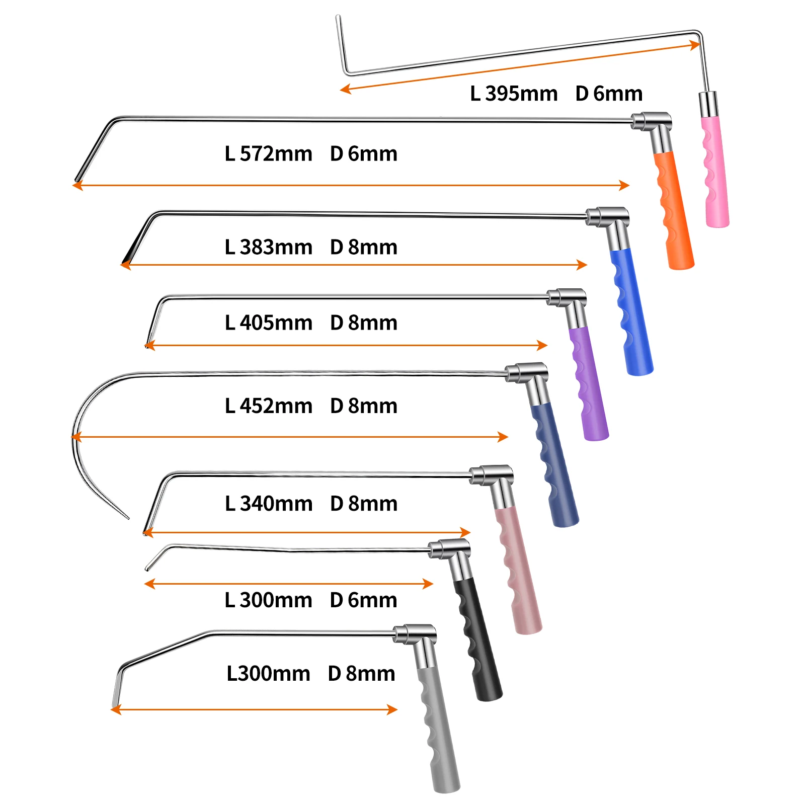 8PCS PDR Dent Repair Rod Set with 360° Adjustable Handle Paintless Dent Removal Tools Stainless Steel Hook Kit